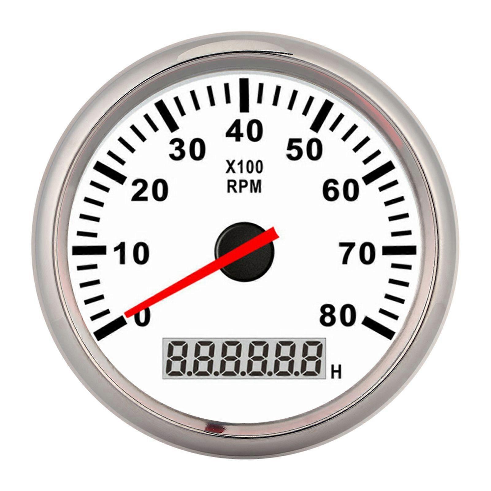 85mm Pointer Digital Tachometer 8000RPM Red LED Backlight Guage Waterproof Marine Hourmeter for 12V/24V Car BoatWhite Dial Silver Frame