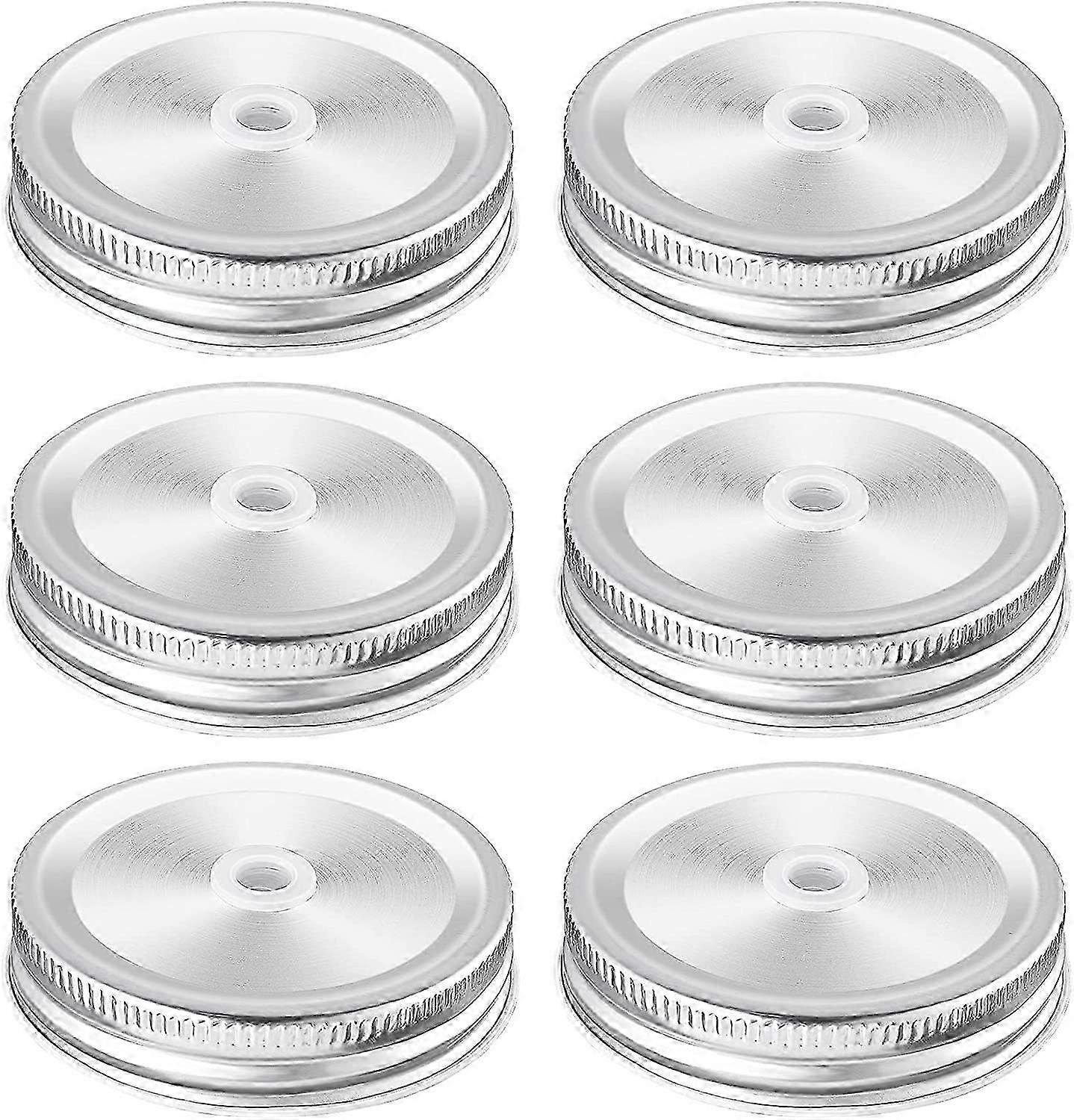 6 Pack Mason Jar Lids with Straw Hole - 86mm Mason Jar Lids for Regular Mouth Jars, Stainless Steel Leakproof Canning Lids, Silver