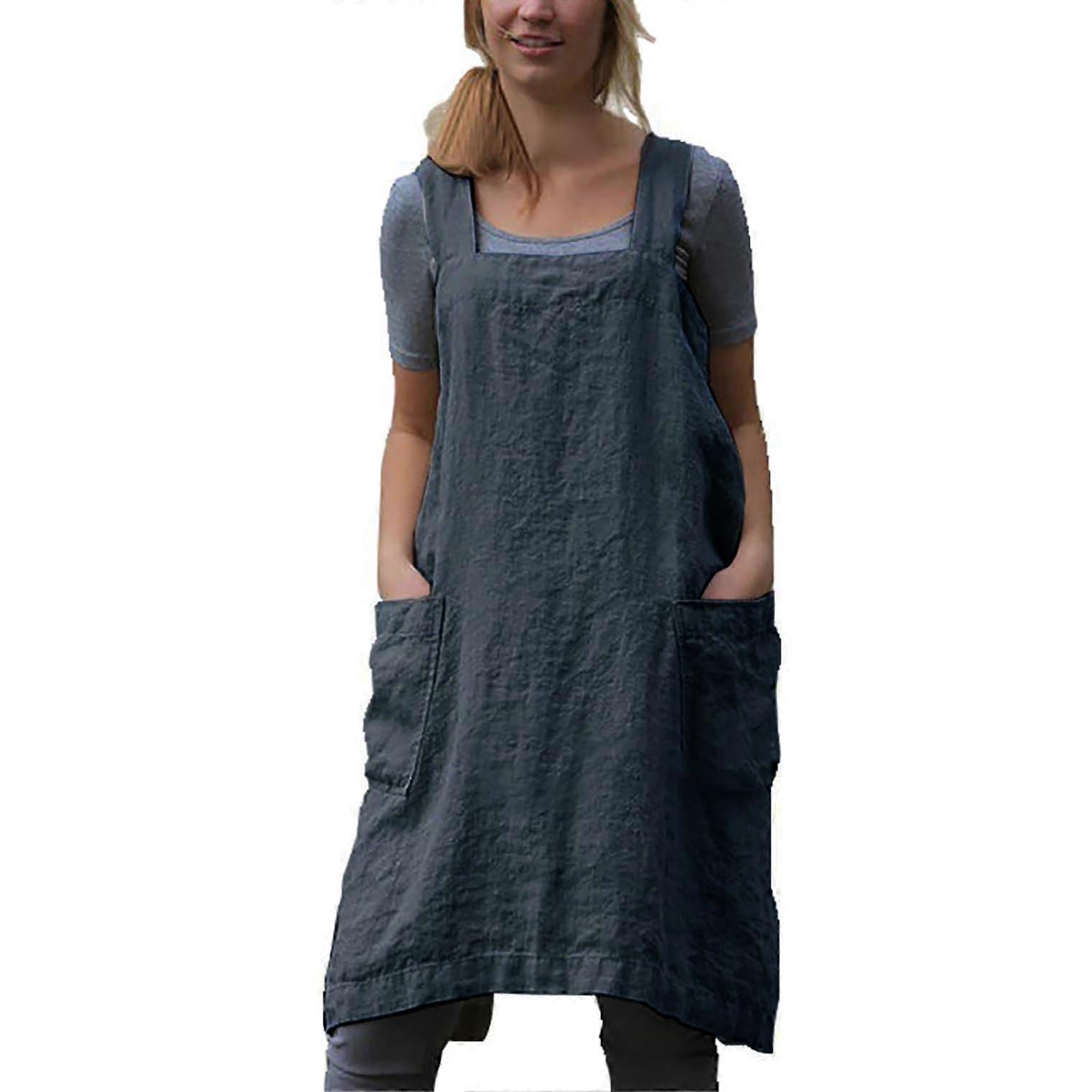 Women's Pinafore Apron Cross Back With Pockets Cotton Linen Blend Apron Dress Plus Size Dark Grey XL
