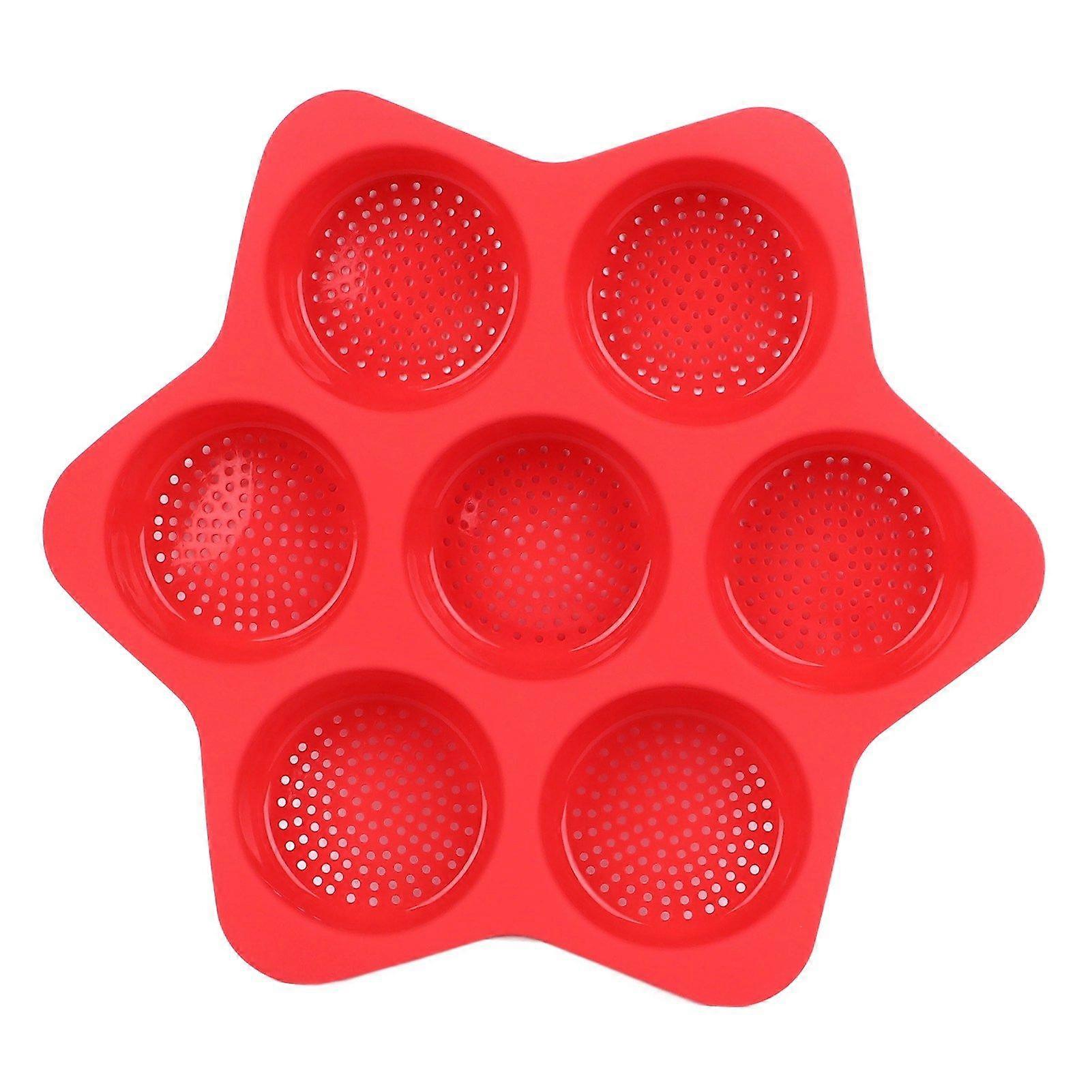Hamburger Bun Mold 7 Cavity Silicone Non Stick Dishwasher Safe Household Hamburger Bread Form Baking Pan for Egg Sandwich Cornbread Layer Cake Red