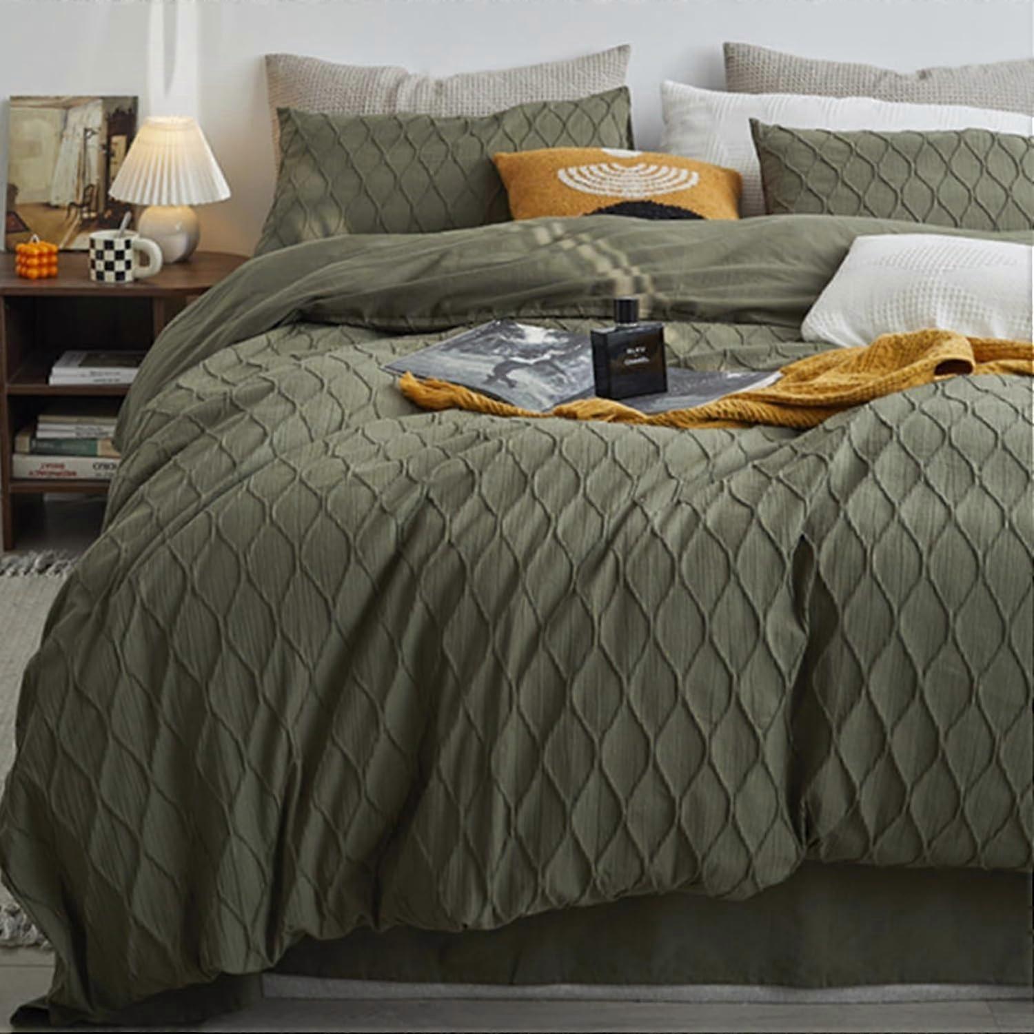 4 Pieces Duvet Cover Gingham Soft Bedding Set AllSeason Green Boho Style Includes 2 Pillowcases RightAngle Stitching