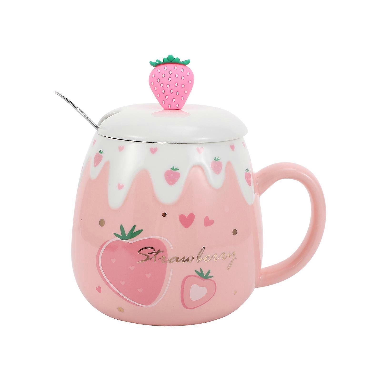 Pink Ceramic Water Cup for Daily Use 2Sets with Lid and Spoon