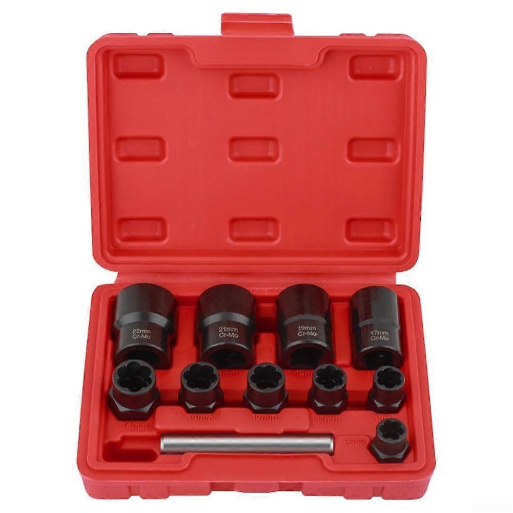 11 Piece Socket Nut Bolt Extractor Set With Driver Adapter Bar Chrome Steel 922mm For Damaged Rusted Bolts