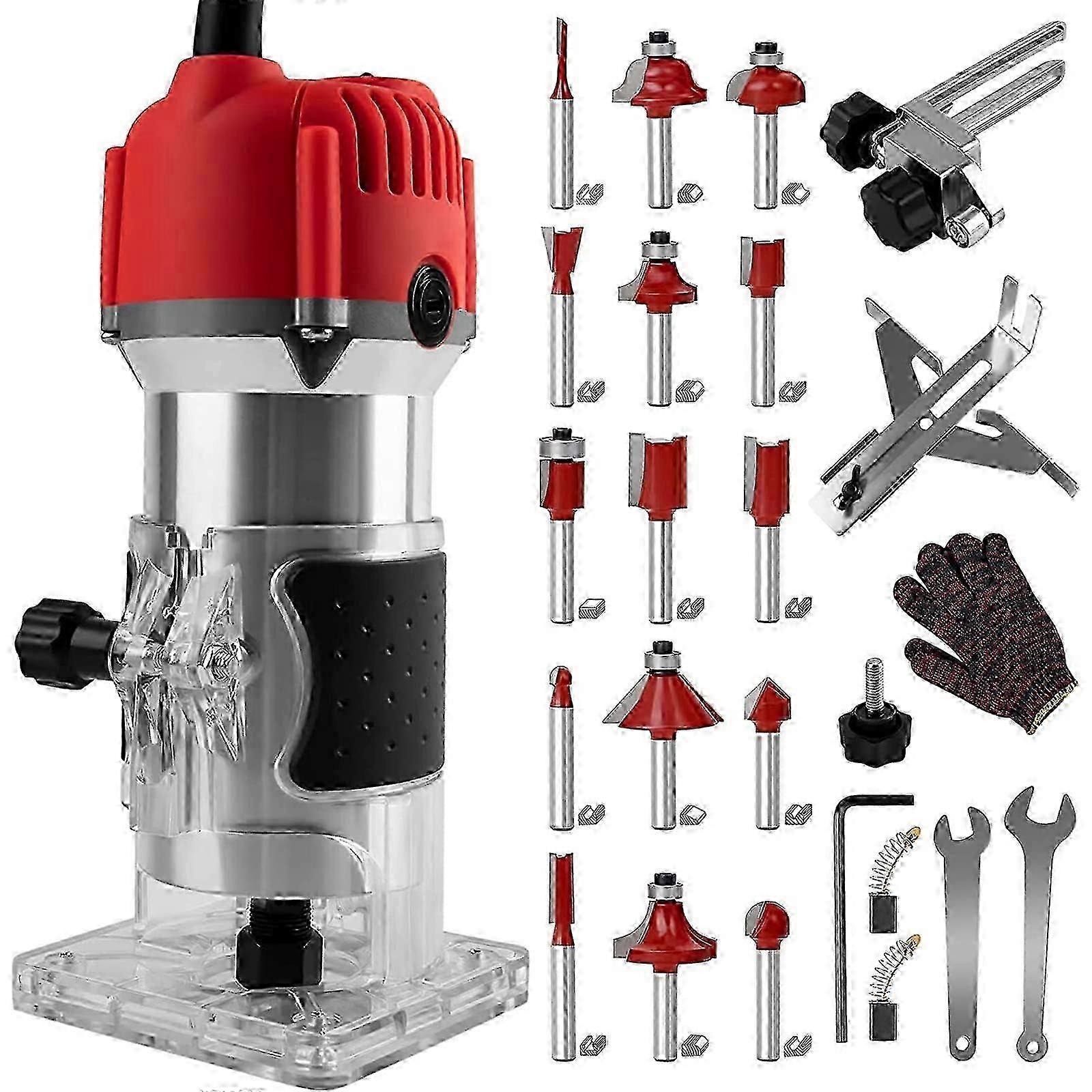 Compact Wood Router Tool 110V Electric Hand Woodworking Trimmer Palm Router kit with Gloves 15 PCS Router Bits (800W) miao8