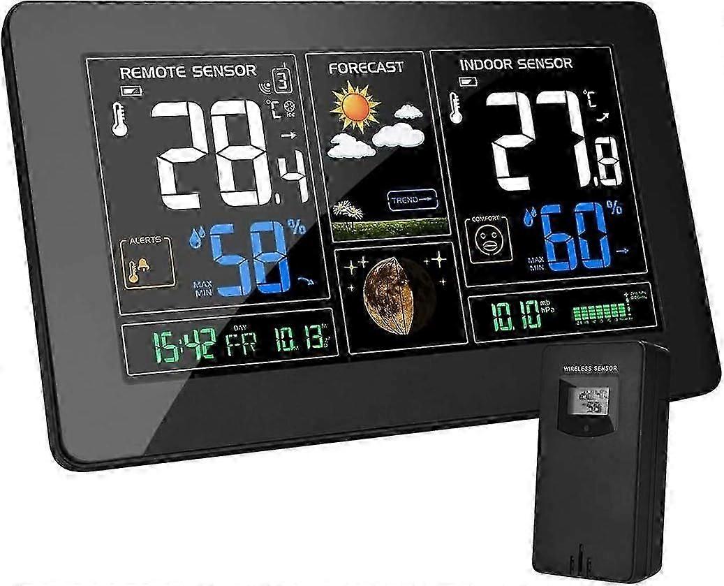 Weather Station with Wireless Sensor Indoor Outdoor Digital Thermometer Hygrometer Barometer Moon Phase 9-in-1 Colorful LCD Display with Alarm Clock