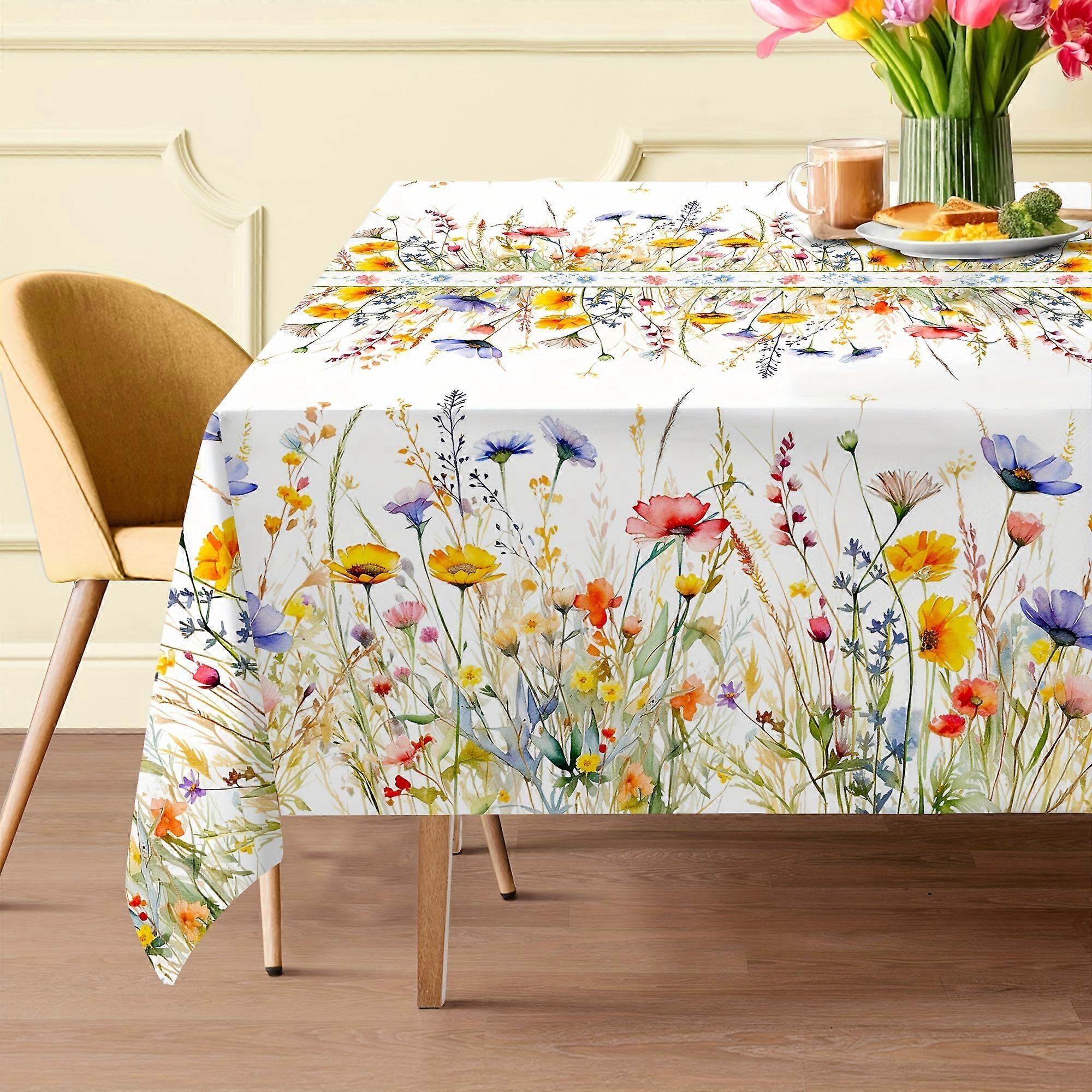 Spring Watercolor Floral Tablecloth for Rectangular Machine Polyester Table Cover with Vibrant Flowers,Fits Standard Dining