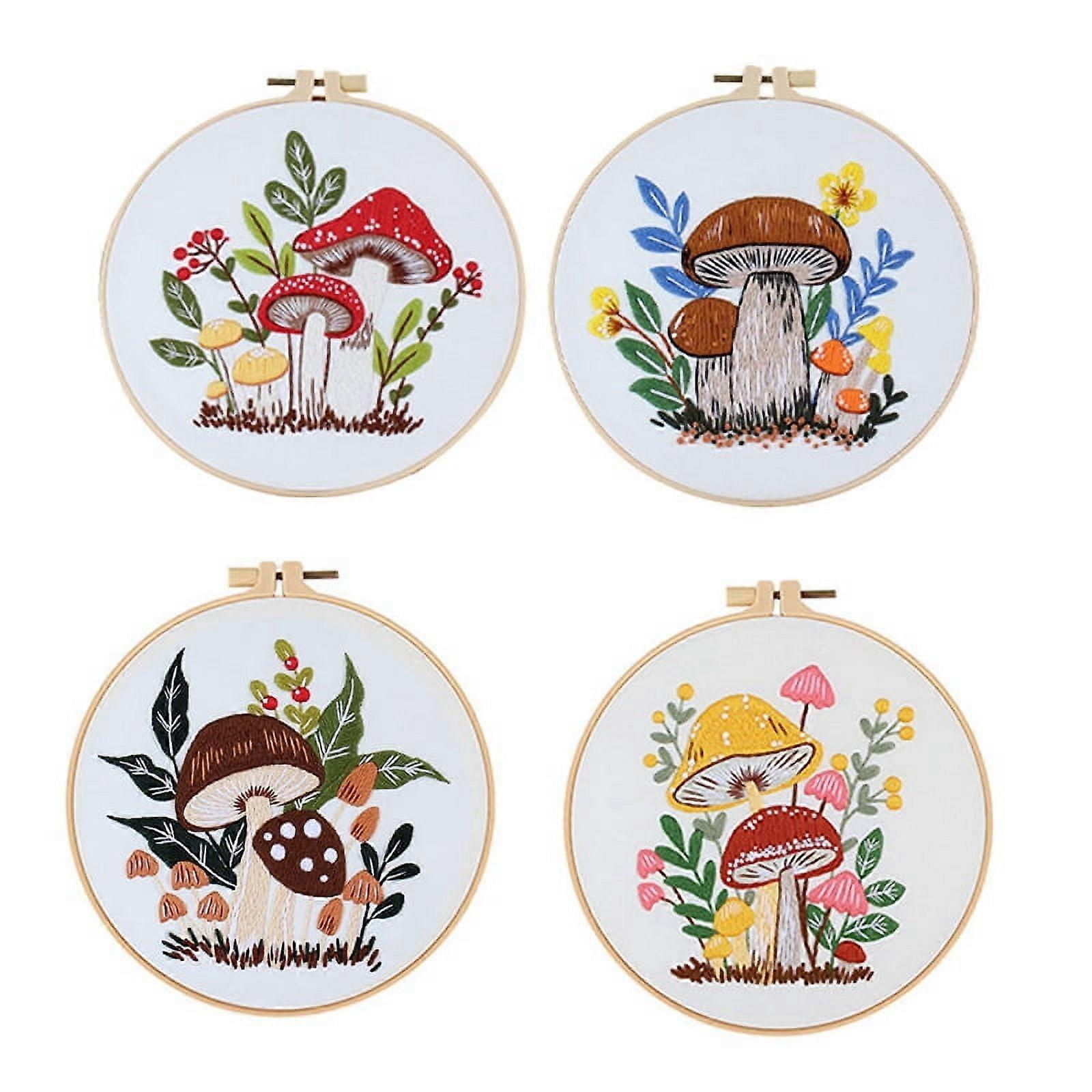 4 Sets Embroidery Kit for Beginners Adults, Hand Embroidery Kit Includes Agaric, Hoop, Color Threads, Tools