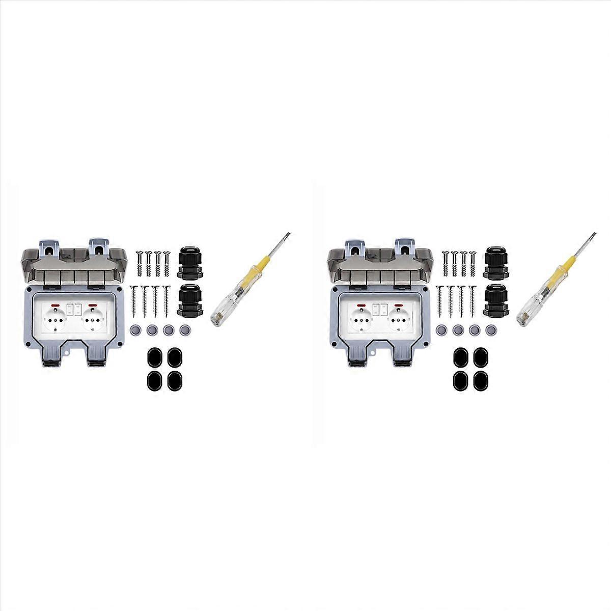 2X Outdoor Socket Waterproof Socket with Switch Indicator Light, Wall Socket Wet Room -Mounted Prote