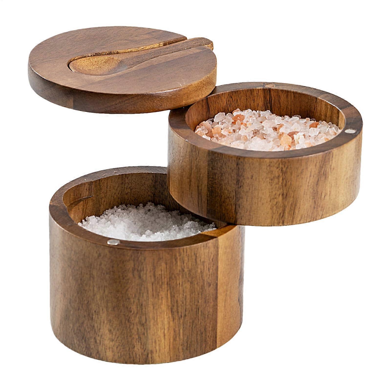 Wooden Spice Box with Spoon, Acacia Salt and Pepper Container, Magnetic Lid MoistureResistant