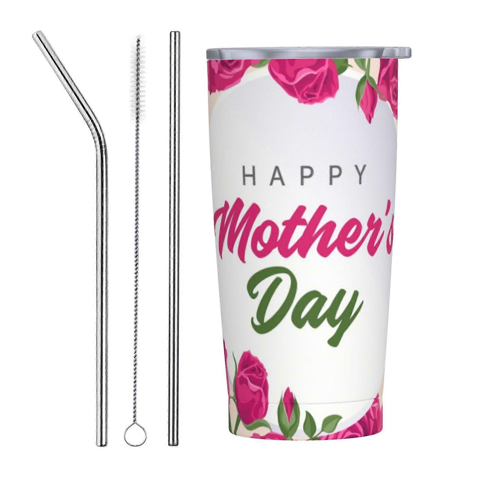 Tasse à café isotherme en acier inoxydable avec paille « Joyeuse fête des Mères » (590 ml) et gobelet isotherme portable (3 pièces)