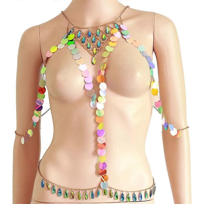 Sexy Mesh Sequin Body Chain Jewelry Necklace Multi-layer Beaded Bikini Women Belly Waist Chain Festival Wear