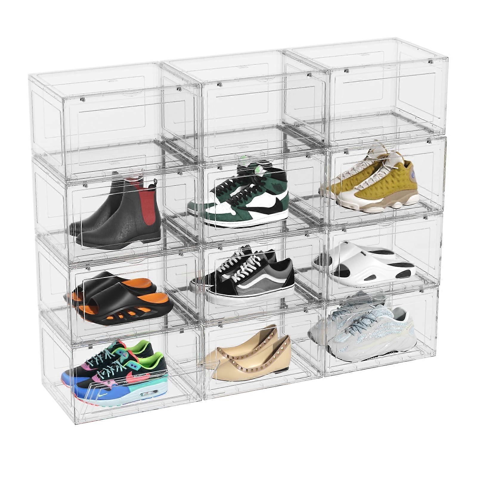 12 Pack Clear Shoe Storage Boxes with Magnetic Door, Stackable Organizer for Large Sneakers and Boots