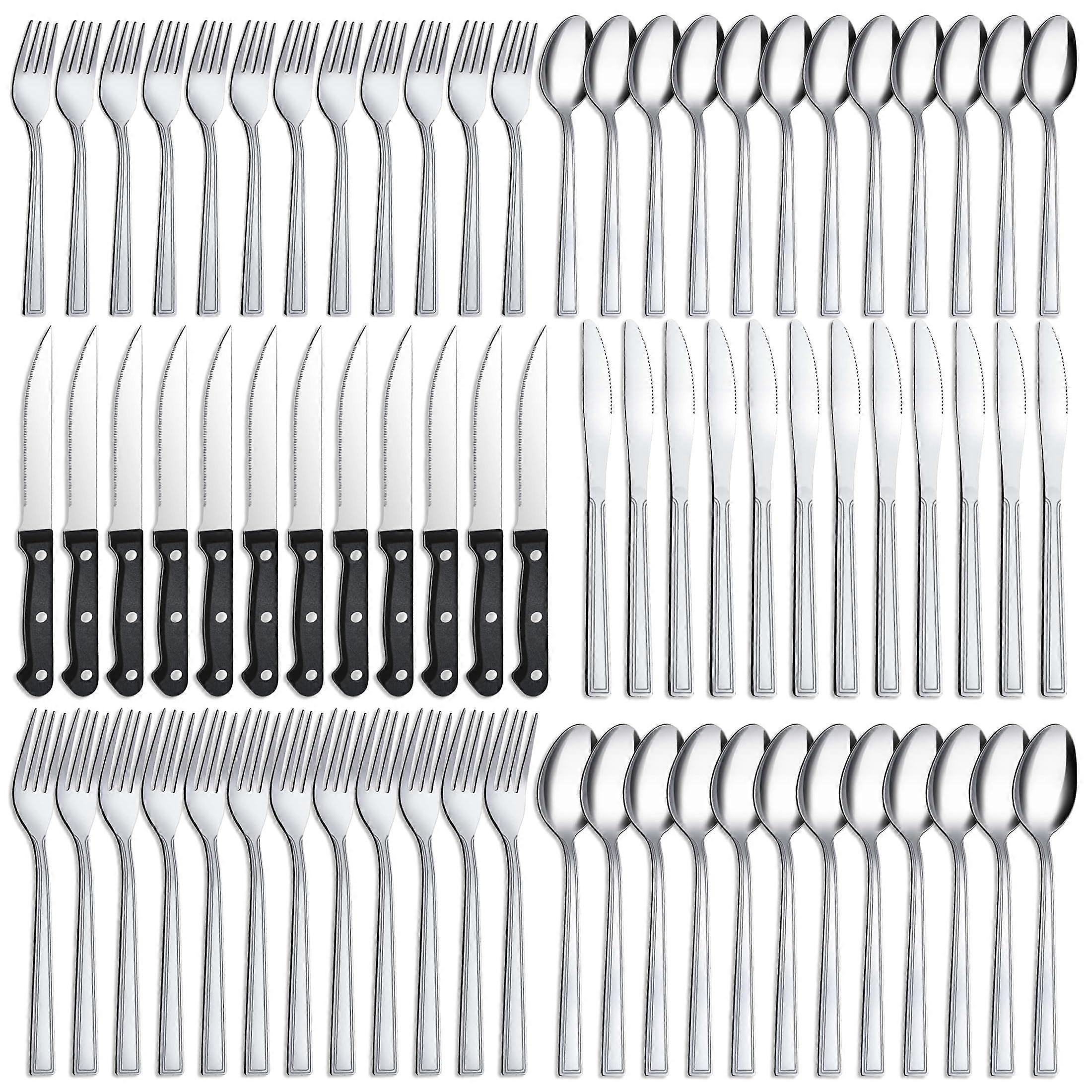 72 Piece Stainless Steel Silverware Set for 12 with Steak Knives, Square Edge, Mirror Polished, Dishwasher Safe