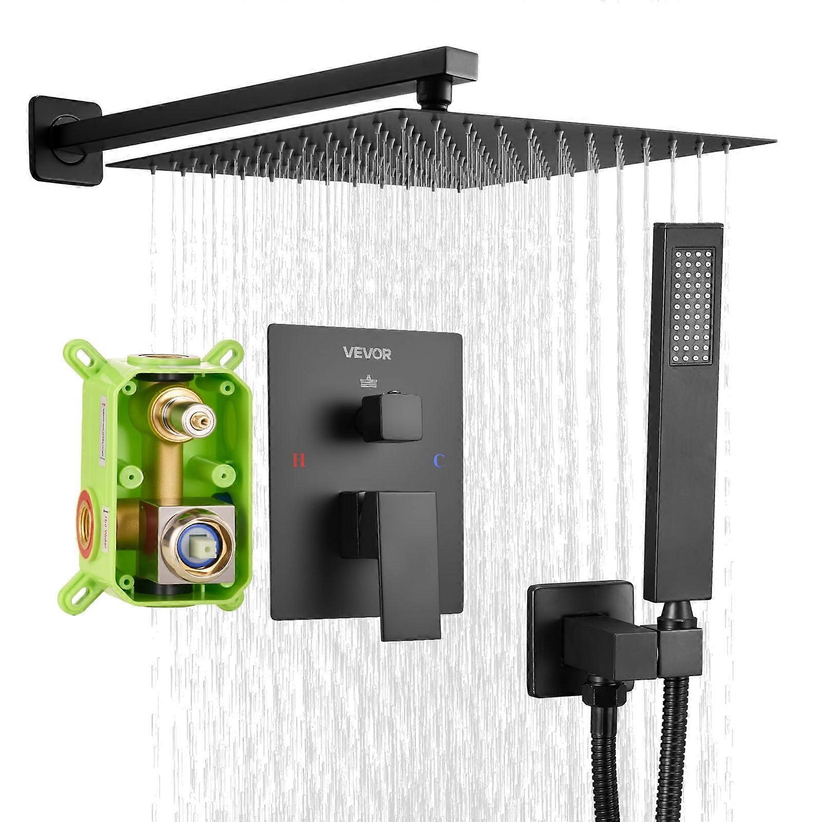 Rain Shower System with 12 Inch Matte Black Head and Handheld, Wall Mounted Brass Valve Combo