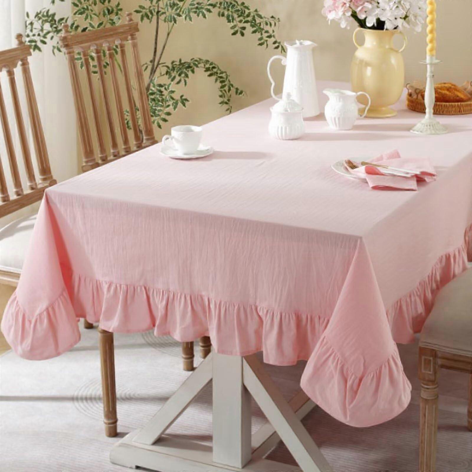 Pink Ruffled Cotton Tablecloth 80 x 55 Rectangular Elegant Farmhouse Table Cover Durable Fabric
