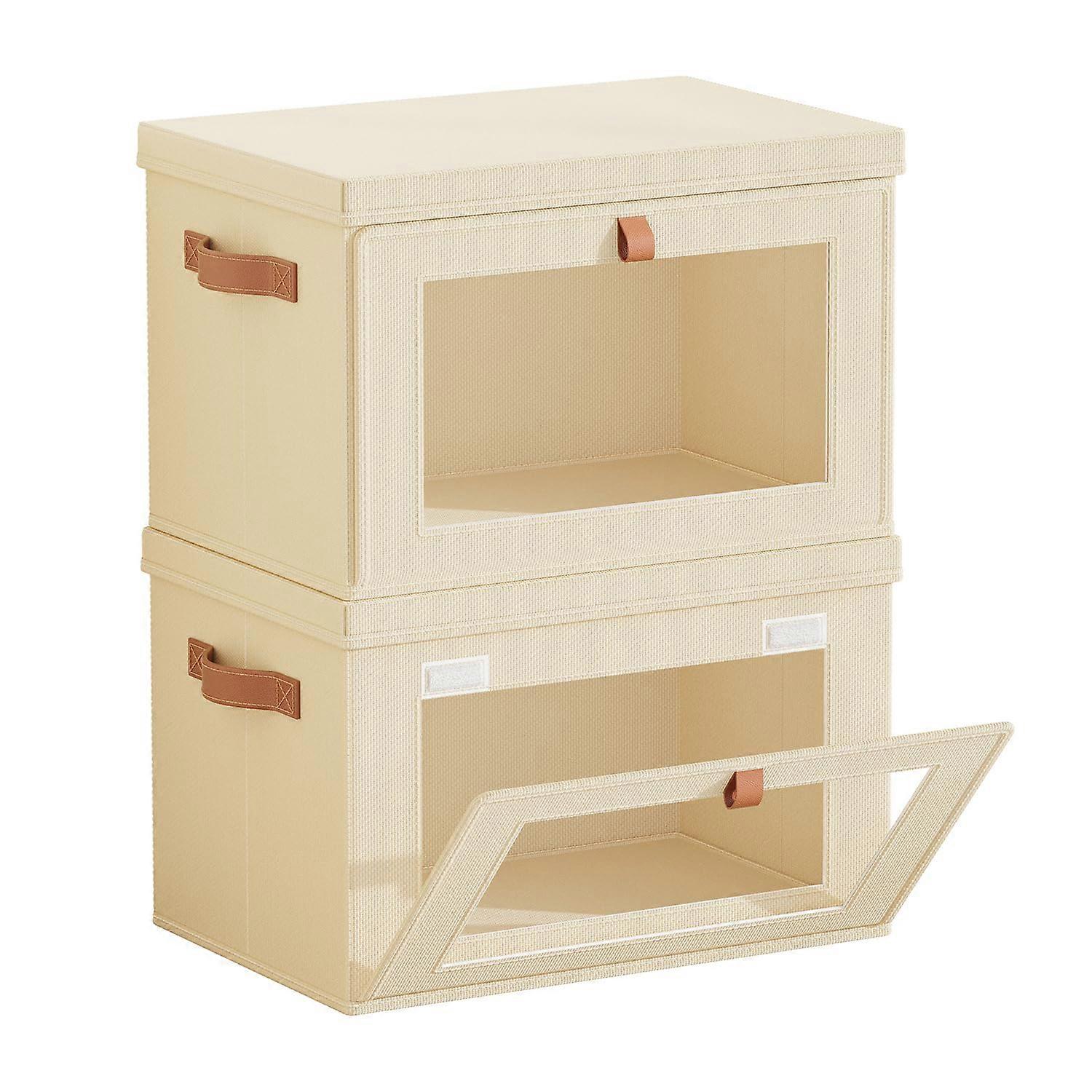 2 Pack Collapsible Storage Boxes with Handles and Clear Window, Large Capacity Closet Organizer Beige