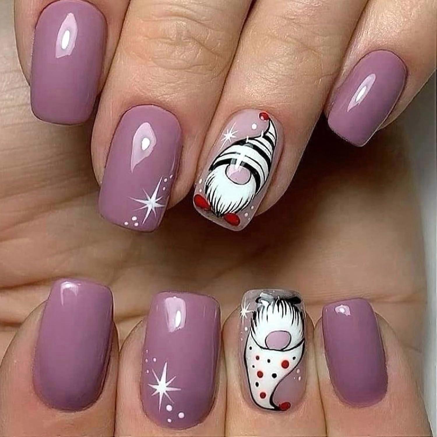 Christmas Press on Nails Set Medium Square Purple Acrylic False Nails Reusable Winter Design
