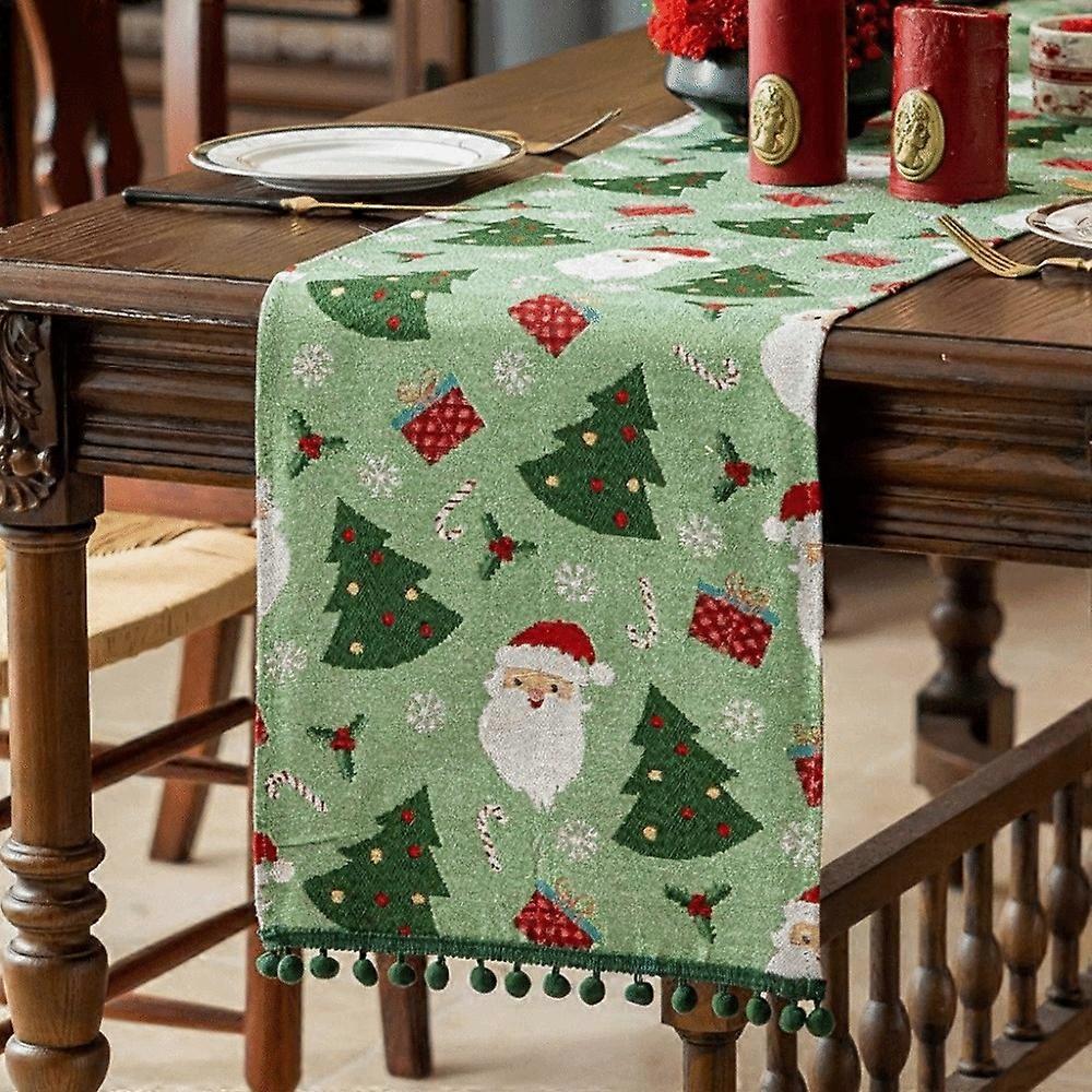Polyester Christmas Table Runner Cartoon Pattern Santa Claus Pattern Long Tablecloth Multi-Color Tassel Snowflake Pattern