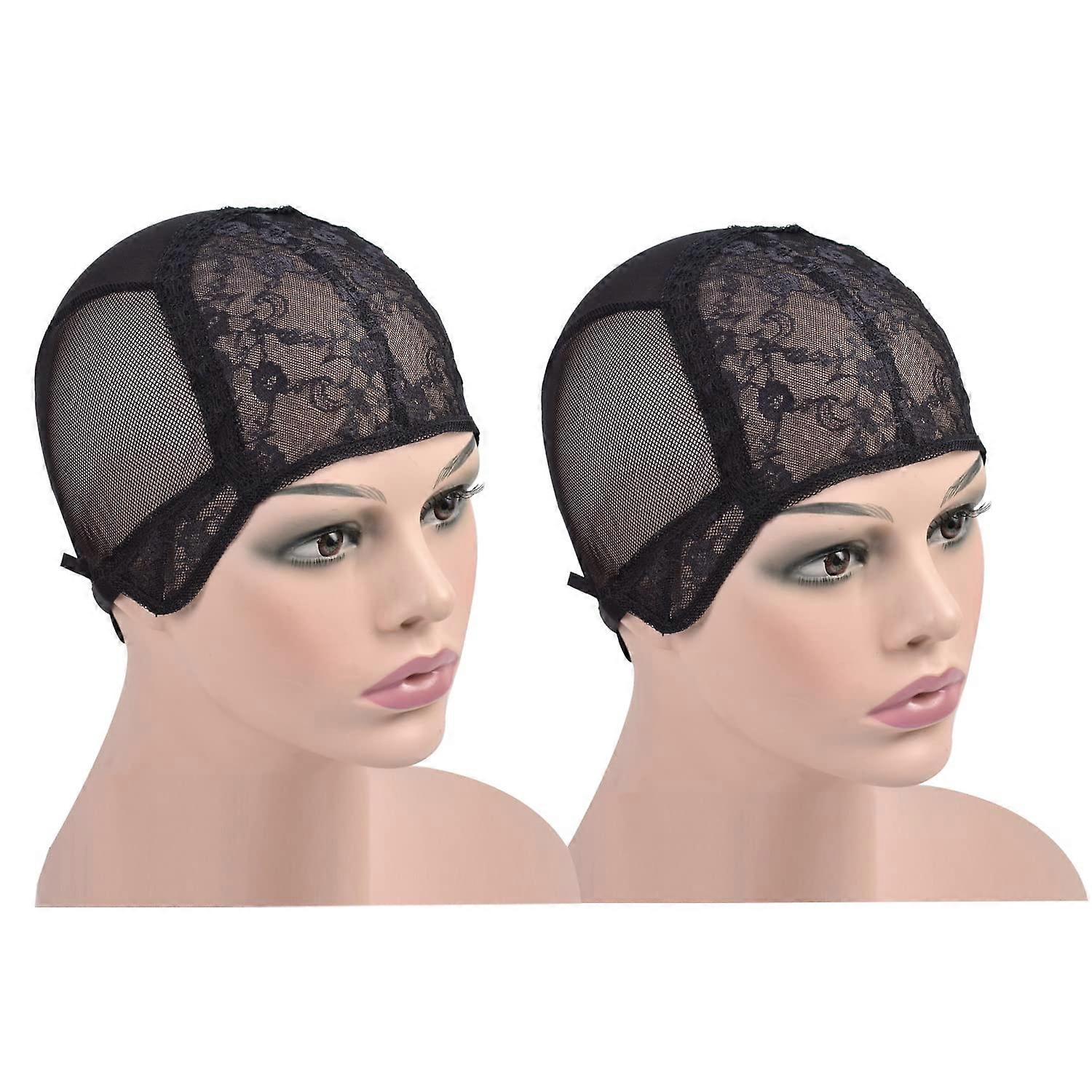 Extra Large Black Double Lace Wig Caps with Adjustable Straps for Making Wigs, 2 Pack