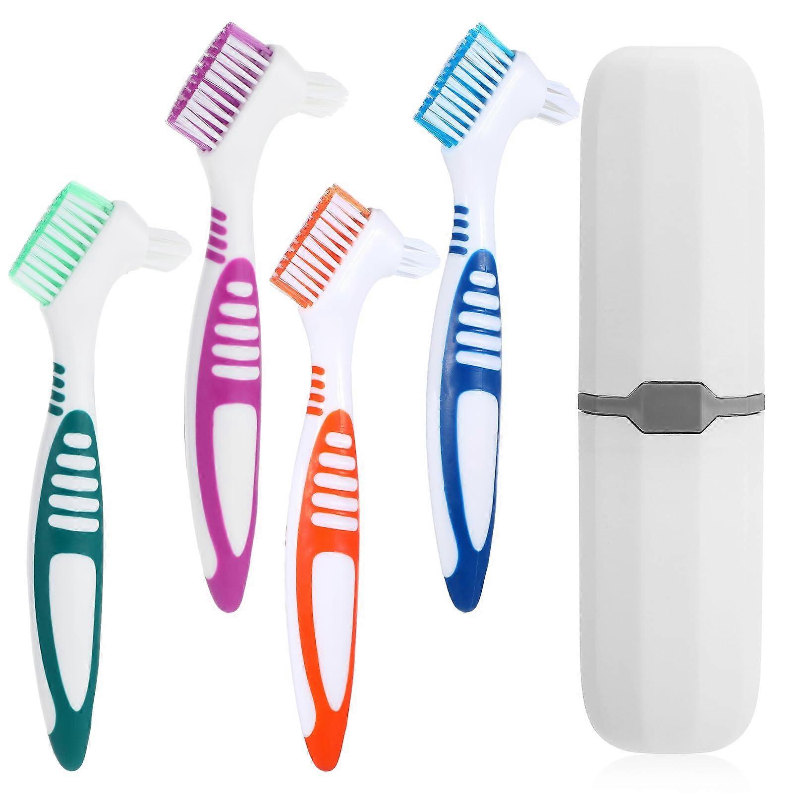 Denture Brush Set with DualHead Hard Bristles and Travel Case, 4 ColorCoded False Teeth Brushes