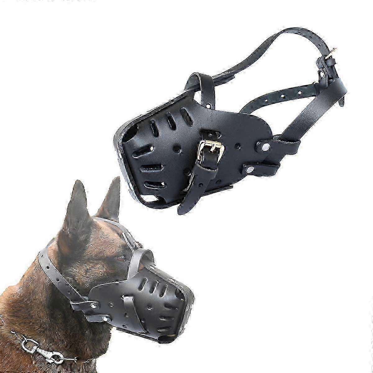German Shepherd Malinois Muzzle, Leather Mouth Guard for Biting, Adjustable, Black 25-26