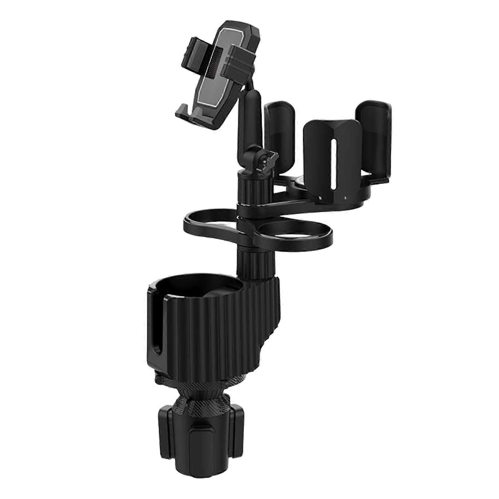 Car Cup Holder Expander with Phone Mount and Retractable Snack Storage, Adjustable Base, Gray