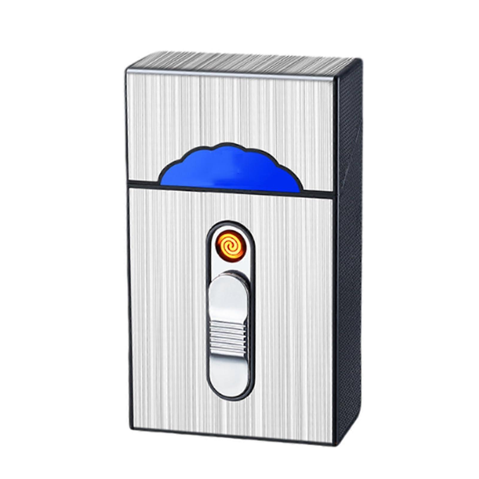 Metal Cigarette Case with Rechargeable Windproof Lighter, Magnetic Closure, Holds 20, Silver