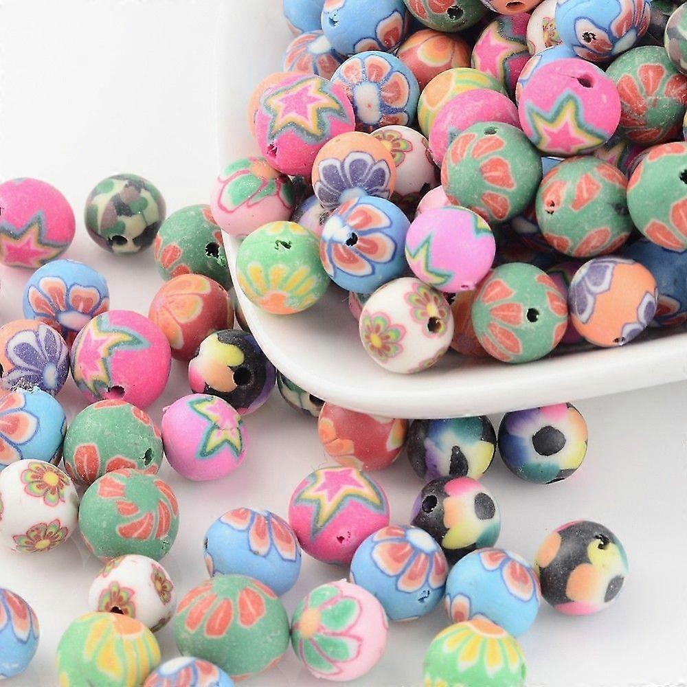 Handmade Flower Pattern Polymer Clay Round Beads Mixed color 8mm Hole: 1~1.5mm