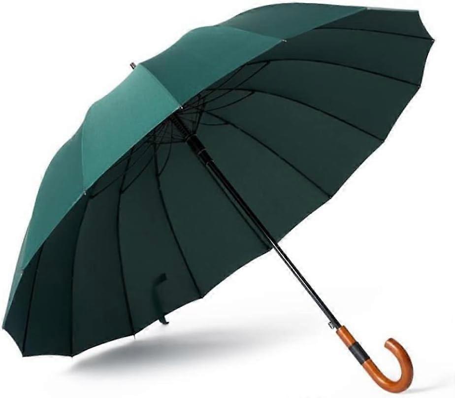 Windproof Automatic Umbrella 16 Ribs Large Canopy for Men with Wooden Hook Handle