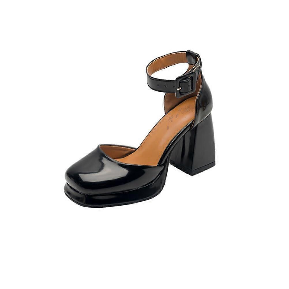 Women's Black Platform Heel Pumps with Adjustable Ankle Strap, Closed Square Toe Chunky Heels, Size 7 UK