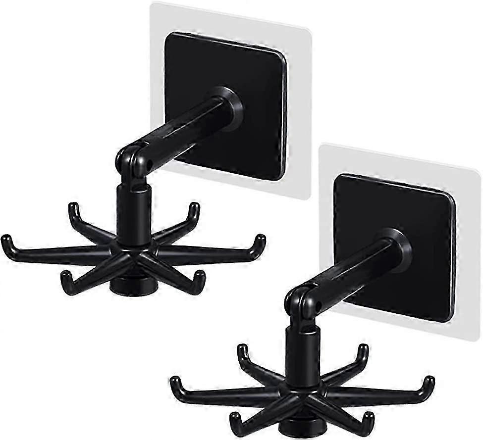 2 Pack Adhesive Hooks 360 Degree Rotating Folding Hook 6-Claw,Vertical Flip HookBlack