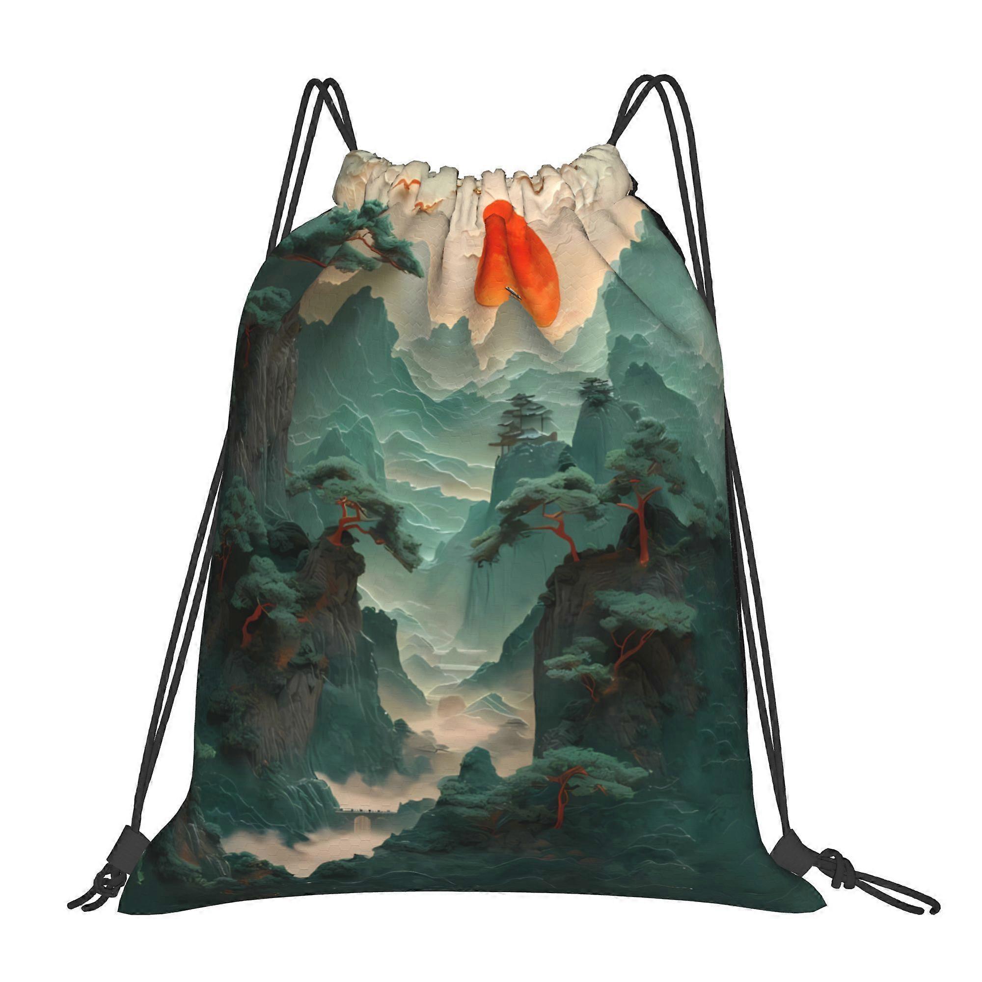2D Flat Drawstring Bag, Landscape Painting Drawstring Pouch, 2D Flat-Cqazw