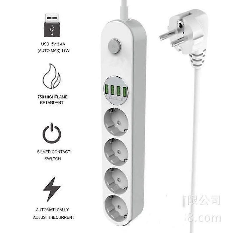 Surge Protector Power Strip 4 Sockets and 4 USB Sockets - White - Type E - 10A - 2m