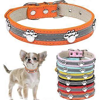 Reflective Dog Collar with Cute Paw Rivet Studded Funny Soft PU Leather Adjustable Puppy Dog Collars for Small Medium Large Dogs Cats Orange 2X-Large 