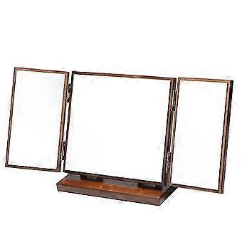 Folding Makeup Mirror with Wooden Carved Floral Pattern, High Definition Glass, Stable Base, 1PC for Daily Makeup and Home Gift