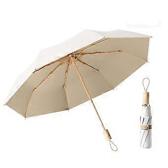 Compact Travel Umbrella Windproof UV Protection UPF 50+ Foldable Sun Rain Parasol with Wooden Handle White Khaki