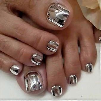 Silver Chrome Press On Toenails, Short Square Acrylic 24pcs with Natural Seamless Fit and Reusable Design