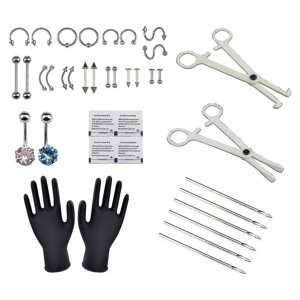 ピアスセット 37個ピンクとブルーダイヤモンドピアスセットボディピアスジュエリー使い捨てピアスツール