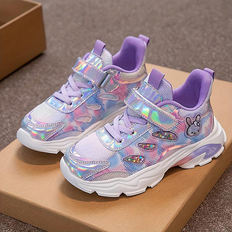 Girls Soft Sole Sneakers Laser Reflective Mesh Lightweight Breathable Non-slip Walking Shoes
