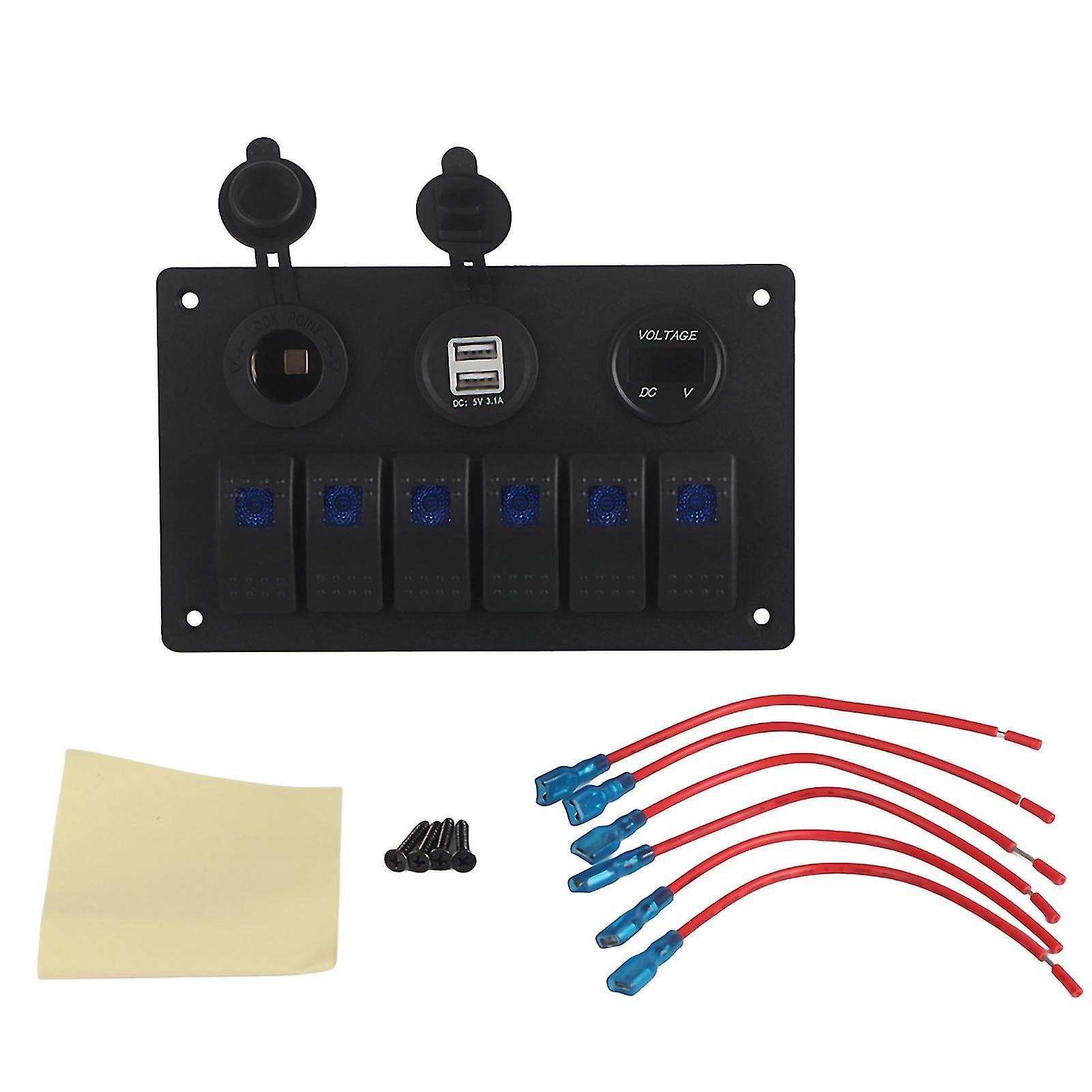12V 24v 6 Gang Car Boat Led Rocker Switch Panel Dual Usb Voltmeter Cigarette Lighter Blue