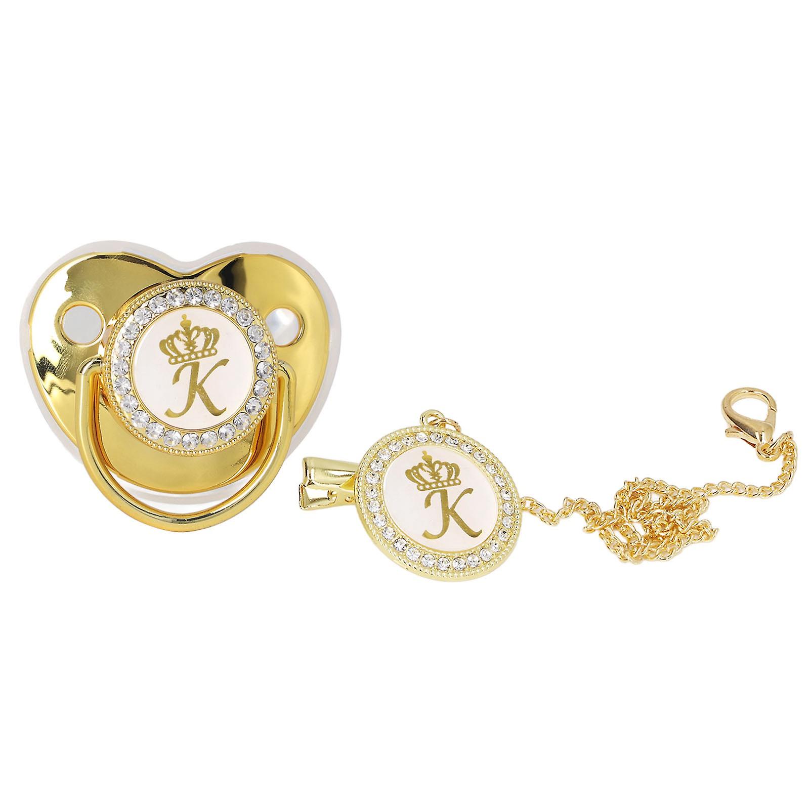 Sucette pour bébé portable avec couronne dorée et strass, avec clip chaîne et lettre K