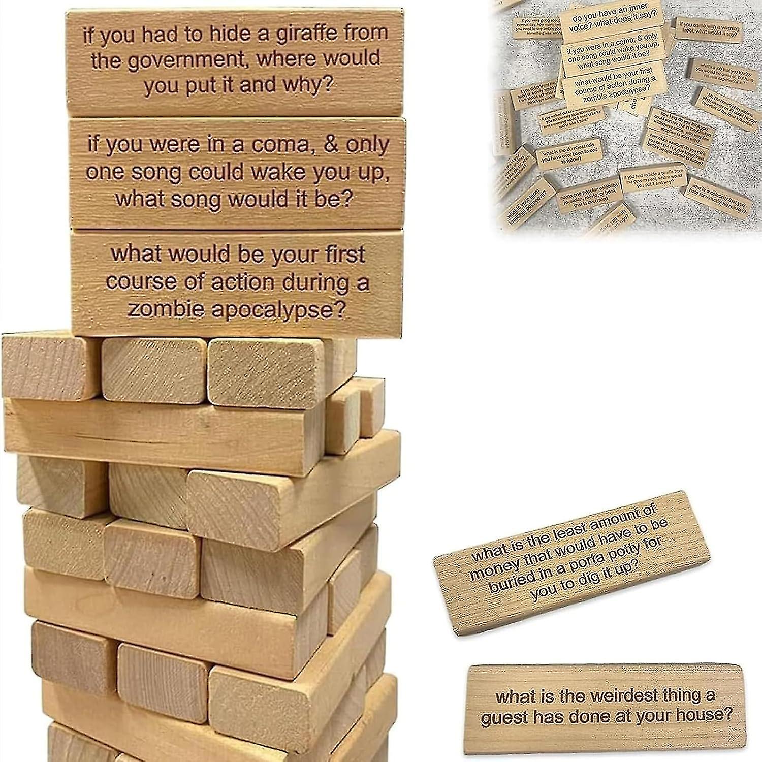 54 Pieces Questions Tumbling Tower Game, Ice Breaker Questions Tumbling Tower Game, Funny Blocks Stacking Tower Game, Wooden Board Stacking Game