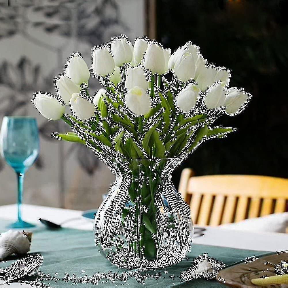 10 Pieces Stunning Realistic Touch PU Artificial Tulip Bouquets with Stems - Yellow (White)