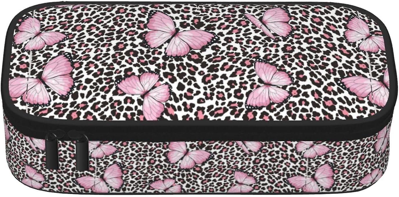 קלמר קיבולת גדולה לבנות בנים מבוגרים נשים מארגנות בית ספר פרפר ורוד דפוס נמר שכבה כפולה תיבת עיפרון תיק עיפרון נרתיק עיפרון w