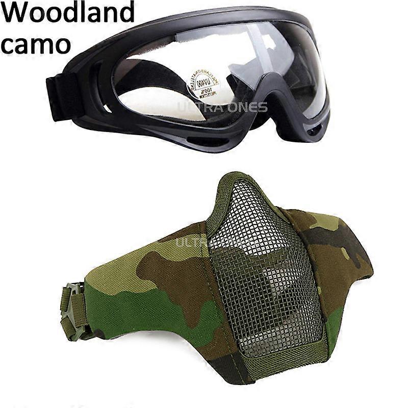 Airsoft Mask Tactical Goggles Set Lower Half Face Foldable Steel Mesh Mask Paintball Shooting Protective Mask with Goggles Set