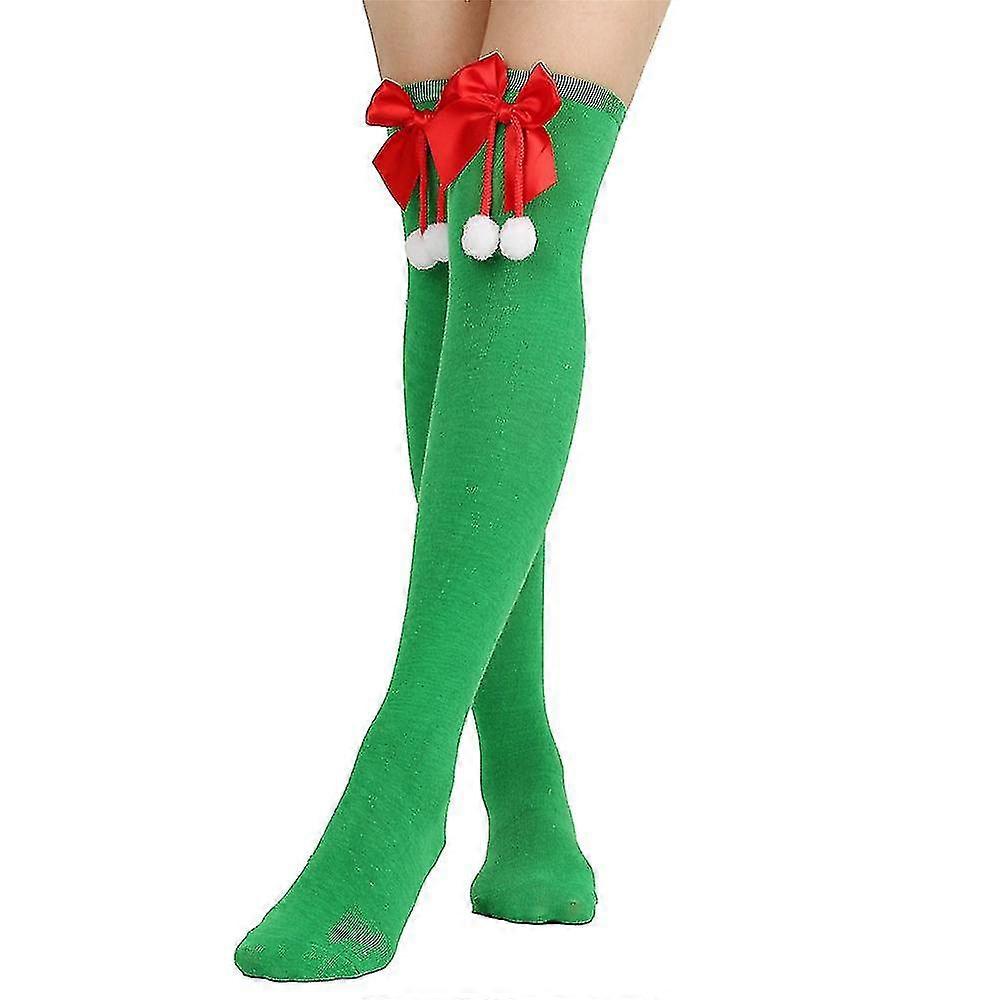 Medias largas rayadas / sólidas Pompón de Navidad Bowknot Calcetines largos Calcetines altos sobre la rodilla Calcetines Navidad