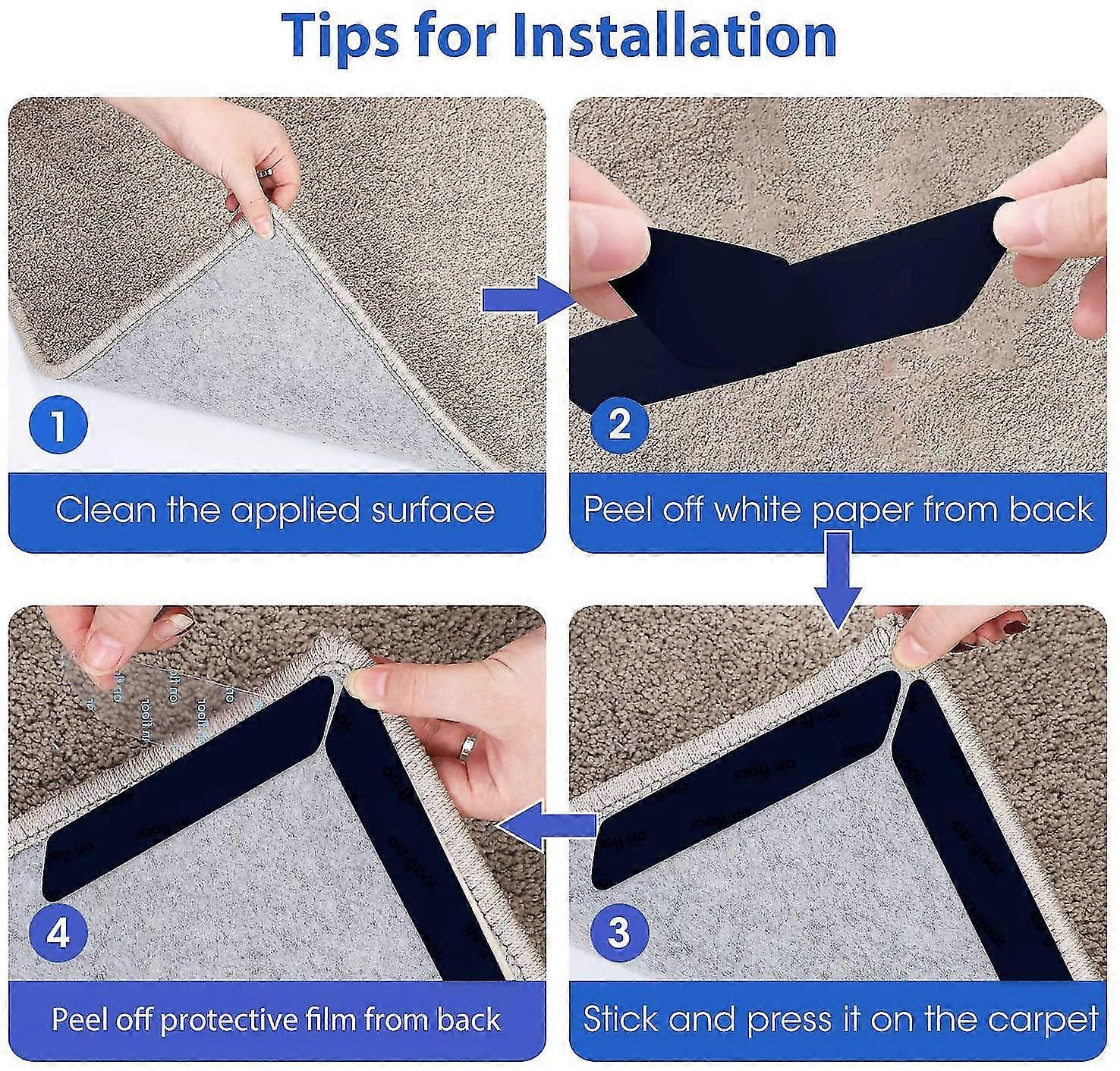 Rug Grippers, 16 Pcs Double Sided Washable Removable Anti Curling Corner Carpet Gripper, Non Slip Renewable Adhesive Rug Tape Compatible With Hardwood