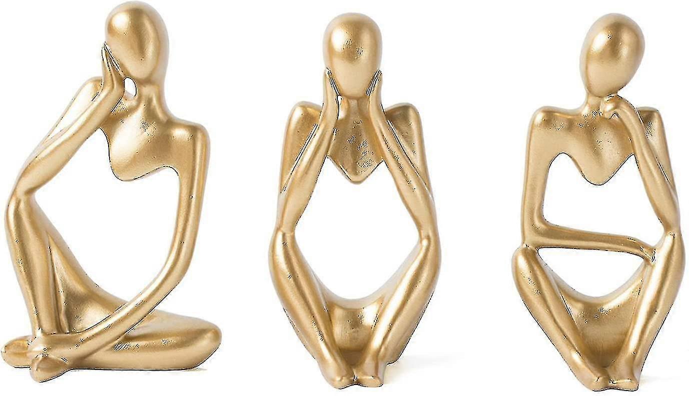 Gold Decorative Thinker Statue Abstract Art Sculpture, Set Of 3 Gold Resin Collectible