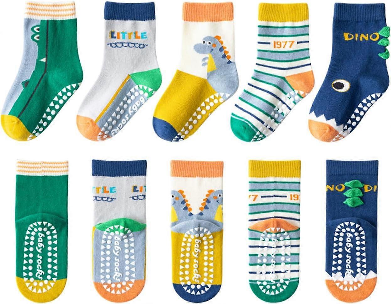 Cotton Crew Socks for Kids - Anti-Slip, Warm, Cute & Cozy - 5 Pairs of Non-Slip Socks for Boys - Fits 1-12 Years Old
