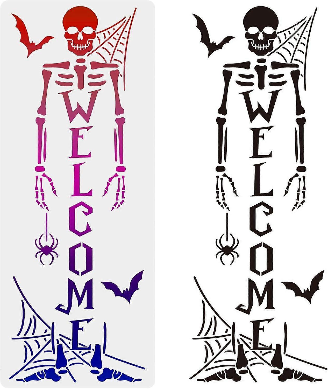 Skeleton Stencil Skeleton Welcome Stencils Spiderweb Spider Bat Halloween Template 15.739.4inch Reusable DIY Art Projects Decoration for Wood Wall Fab